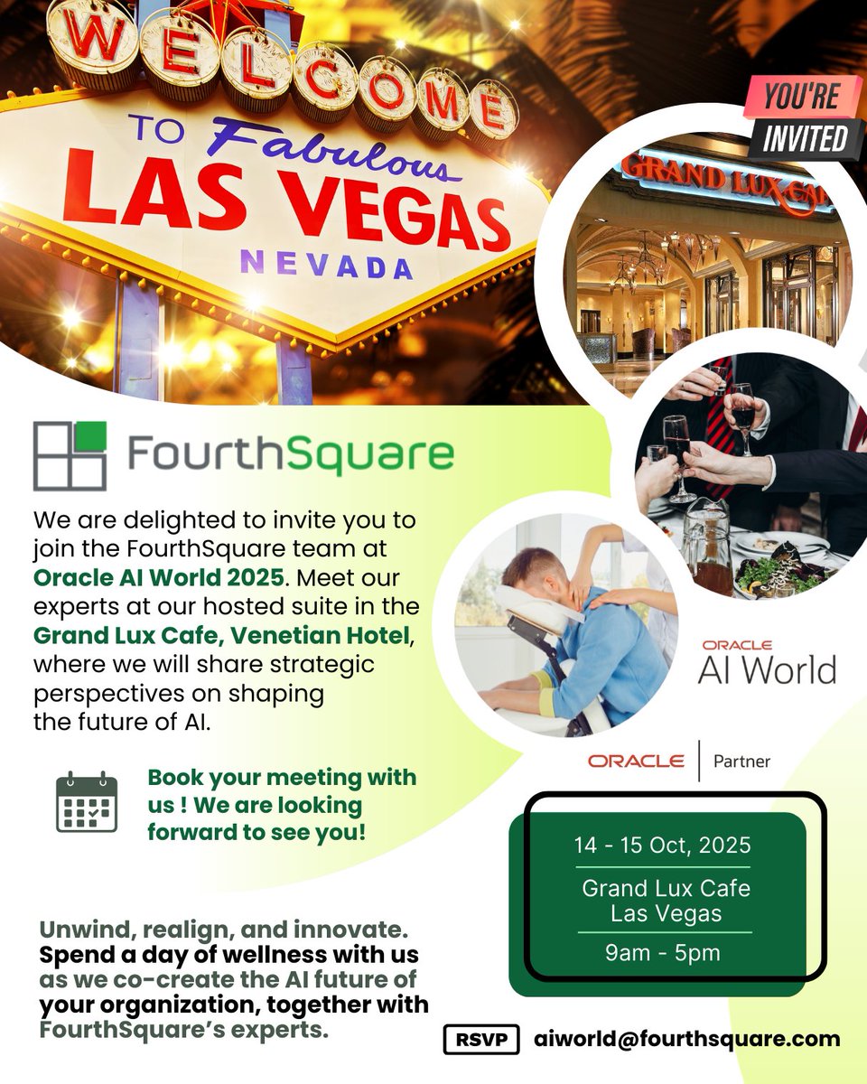 FourthSq's tweet image. Unlock AI’s potential with FourthSquare at @OracleAIWorld 2025 in Las Vegas, Oct 14–15.
Meet our team, explore real-world AI solutions &amp;amp; recharge at Grand Lux Cafe.
👉 Book now: fourthsquare.com/oracle-ai-worl…
#OracleAIWorld2025 #AIForGrowth #Oracle
@Oracle  @OracleCloud @OracleCX