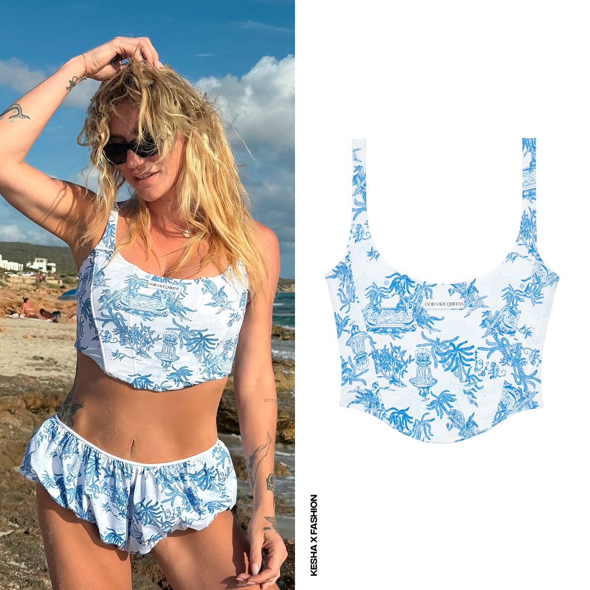 KeshaXFashion's tweet photo. Kesha enjoyed some time off in Formentera, Spain, wearing the #GodSaveQueens "Muse" corset top in light blue shade and matching high-waisted bottom. https://t.co/ziYH3mWBgb