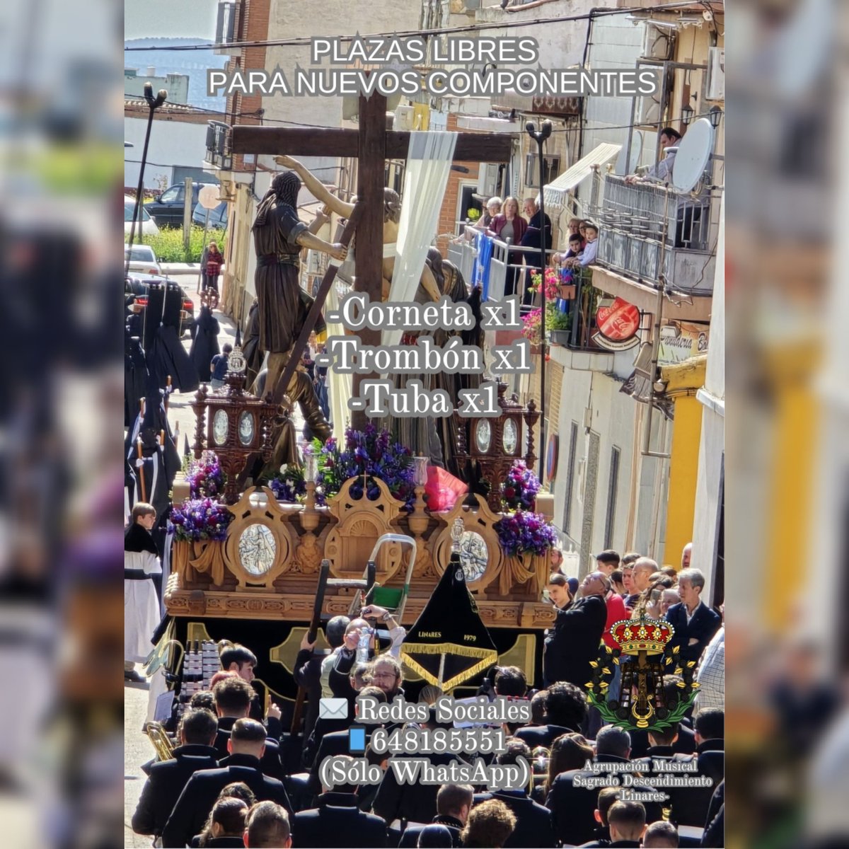 🎺Plazas libres🎺

En la semana en la que volvemos a los ensayos, publicamos las plazas libres que quedan en nuestra Formación. 

📱648185551 (sólo WhatsApp)

✉️ Nuestras Redes Sociales

#46añossonandoalinares #DescendimientoyPenas #AMSagradoDescendimiento