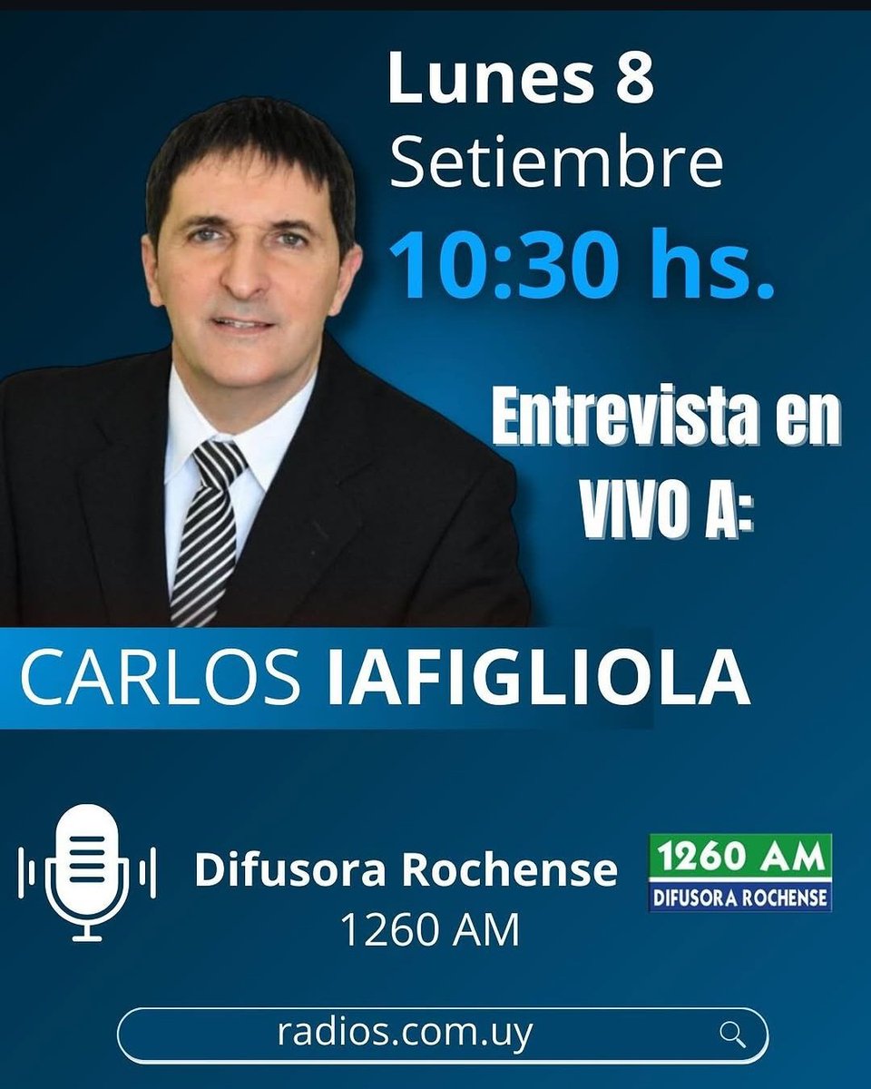 🔵🟡  Hoy lunes 8, hora 10.30, <a href="/CIafigliola/">Carlos Iafigliola</a> en entrevista Difusora Rochense 1260 am.