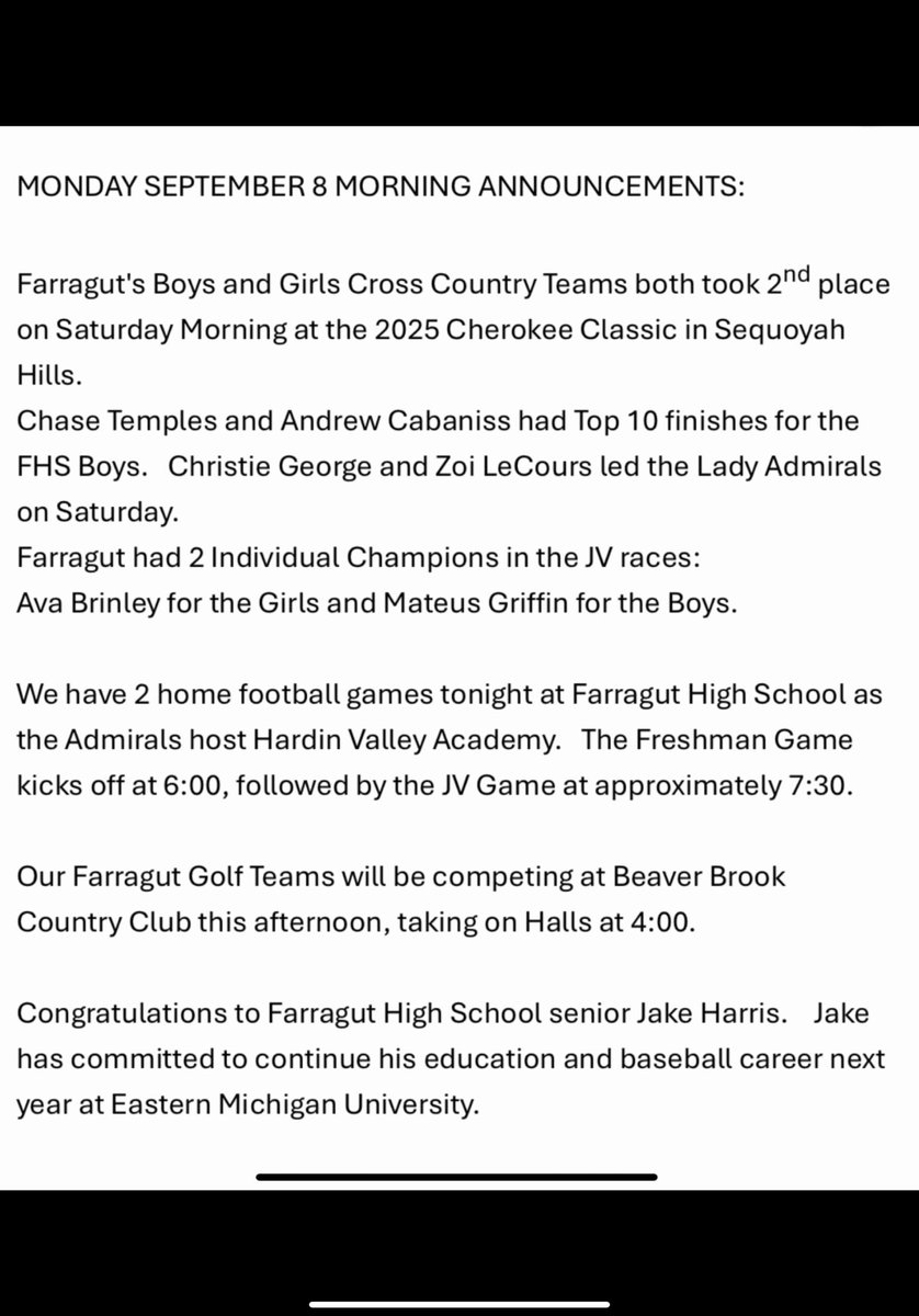 Here’s an Early Look 👀 at Monday Morning’s Farragut High School Announcements ⚓️

⁦<a href="/West105_WFIV/">Farragut Radio</a>⁩ ⁦<a href="/AdmiralsXC_TF/">Garrett Jones</a>⁩ ⁦<a href="/AdmiralGameday/">Farragut Baseball</a>⁩ ⁦<a href="/FarragutFB/">Farragut Football</a>⁩ ⁦<a href="/FarragutGolf/">Farragut Golf ⚓️ ⛳️</a>⁩ ⁦<a href="/levelpar_ryan/">Ryan Mahoney</a>⁩ ⁦<a href="/farragutpress1/">farragutpress</a>⁩