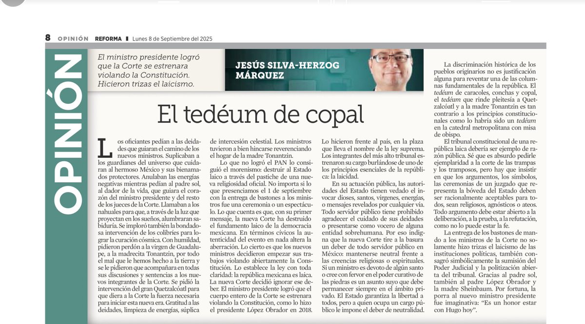 “Gratitud a las deidades, limpieza de energías, súplica de intercesión celestial. Los ministros tuvieron a bien hincarse reverenciando el hogar de la madre Tonantzin.

Lo que no logró el PAN lo consiguió el morenismo: destruir al Estado laico..”

Aquí va el artículo de <a href="/jshm00/">Jesús Silva-Herzog M</a>
