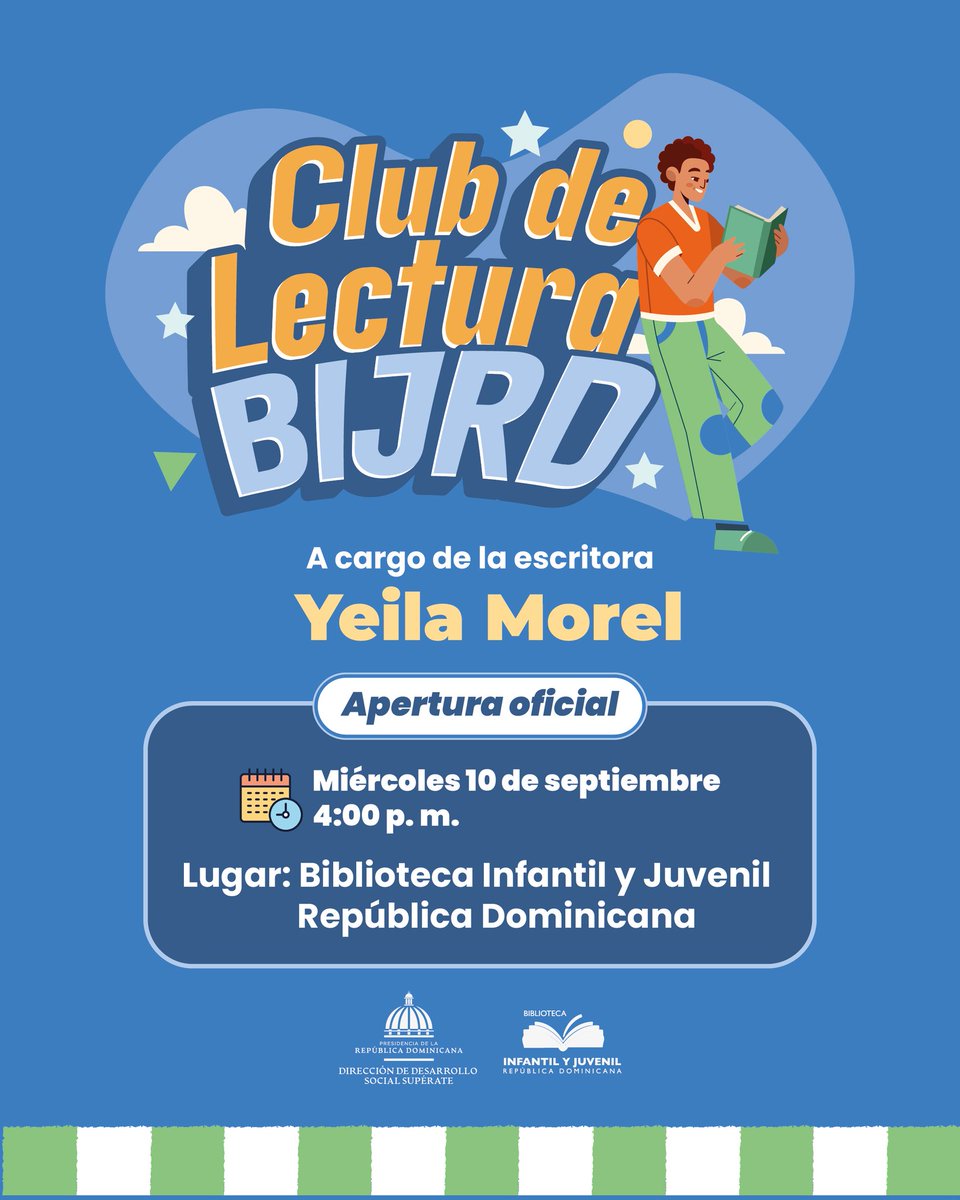 ¡Iniciamos nuestro Club de Lectura!

Este miércoles 10 de septiembre a las 4:00 p.m. acompáñanos en la apertura oficial junto a
la escritora Yeila Morel, quien compartirá con nosotros una experiencia única en torno a la
lectura. 

Te esperamos en la BIJRD.