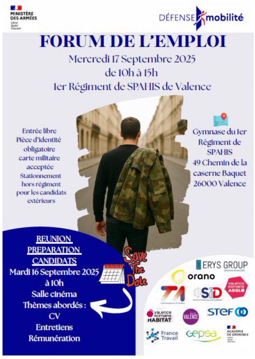 [FORUM DE L’EMPLOI]

Rendez-vous le mercredi 17 septembre de 10h00 à 15h00 au 1er régiment de spahis pour participer au forum de l’emploi. 

Civils et militaires, venez rencontrer des professionnels et entreprises pour échanger autour de votre parcours. 

<a href="/Armees_Gouv/">Ministère des Armées</a>