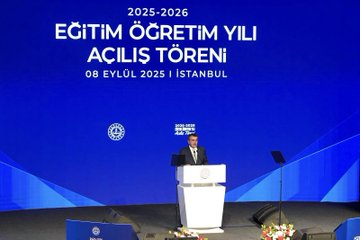 Recep Tayyip Erdogan speaking at a podium on a stage with a large screen displaying "2025-2026 EĞİTİM ÖĞRETİM YILI AÇILIŞ TÖRENİ 08 EYLÜL 2025 İSTANBUL." Yusuf Tekin and Ibrahim Yumakli stand nearby. Children in blue shirts and adults in suits are on stage. A separate image shows Recep Tayyip Erdogan, Yusuf Tekin, and Ibrahim Yumakli planting a tree with children. Turkish flags and a banner with "HER ÇOCUĞUMUZ BİREY" are visible.