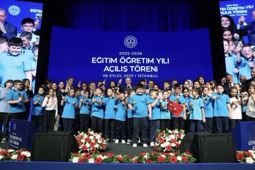 Recep Tayyip Erdogan speaking at a podium on a stage with a large screen displaying "2025-2026 EĞİTİM ÖĞRETİM YILI AÇILIŞ TÖRENİ 08 EYLÜL 2025 İSTANBUL." Yusuf Tekin and Ibrahim Yumakli stand nearby. Children in blue shirts and adults in suits are on stage. A separate image shows Recep Tayyip Erdogan, Yusuf Tekin, and Ibrahim Yumakli planting a tree with children. Turkish flags and a banner with "HER ÇOCUĞUMUZ BİREY" are visible.