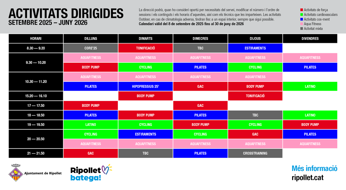 Avui dilluns, 8 de setembre, ha començat el nou calendari d'activitats físiques dirigides que s'ofereixen al Poliesportiu Municipal de dilluns a divendres. Per accedir-hi és necessari:

1️⃣ Ser persona abonada
2️⃣ Comprar el Bo d'Activitats Dirigides 
3️⃣ Fer una reserva prèvia