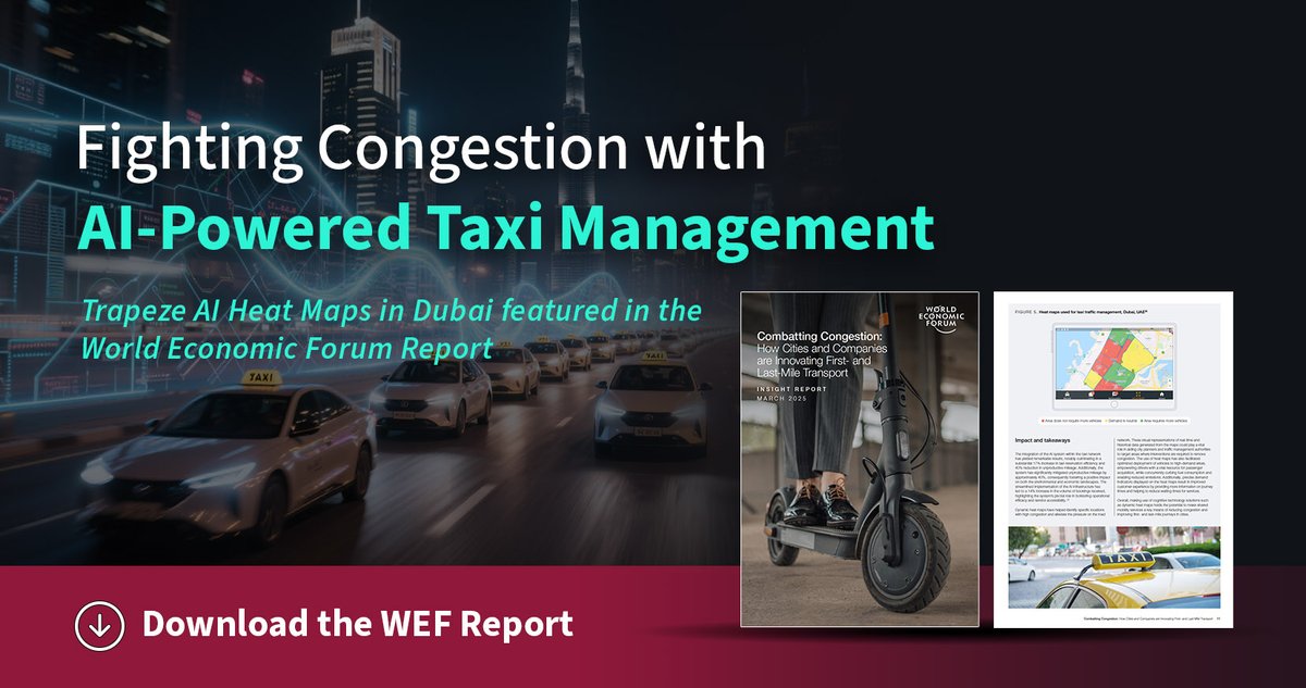 trapezegroupAP's tweet photo. Dubai’s fight against congestion is making global headlines

With Trapeze AI-powered Dynamic Heat Maps, RTA achieved:
 • 17% better taxi efficiency
 • 40% less wasted mileage
 • 14% more bookings

Proud to be featured in the @wef report.

https://t.co/okA27LCGaF

#WEF https://t.co/6x4XfhA8fV
