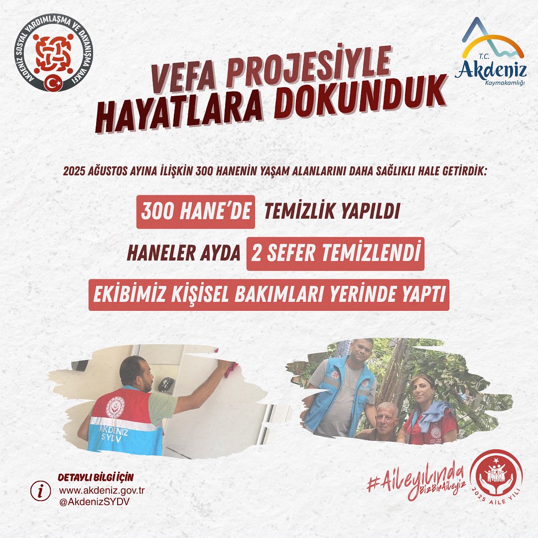 Akdeniz SYDV olarak Vefa Projesi kapsamında 2025 Ağustos ayında 300 hanenin temizliğini gerçekleştirdik, engelli vatandaşlarımızın öz bakım ihtiyaçlarını yerinde karşıladık. Hayatlara dokunmaya devam ediyoruz.

#VefaProjesi #AkdenizSYDV #HayatlaraDokunuyoruz