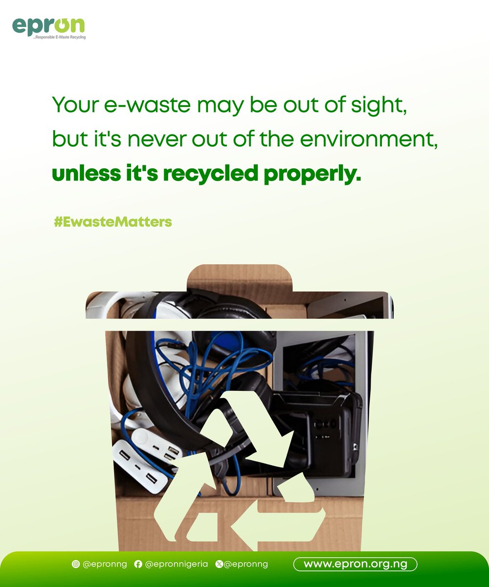 Every old phone, broken gadget, or discarded electronic carries hidden risks. 

But when managed responsibly, that same e-waste becomes a valuable resource that can be recycled, repurposed, and reintegrated into the economy.

epron.org.ng

#EPRON #EEE #EwasteAwareness