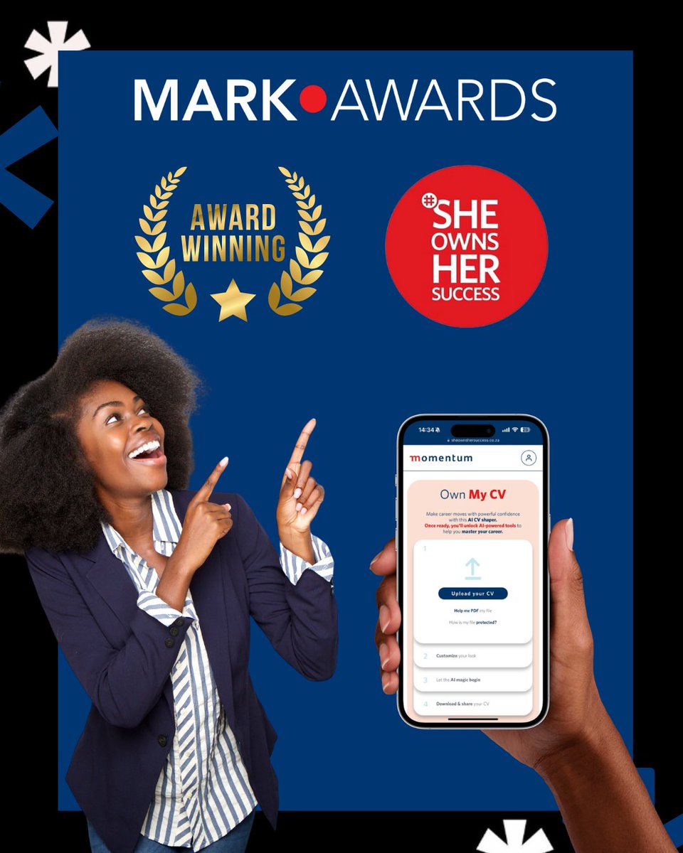 TechsysDigital's tweet image. Proud moment! Our She Owns Her Success platform with @Momentum_za has been recognised at The Mark Awards 2025 with a Merit in Innovation 🏆
Great brand 🚀
AI-powered tools to optimise CVs & interviews 🤖
Growing consumer data with real impact 📈
We’ve empowered over 50,000 women!