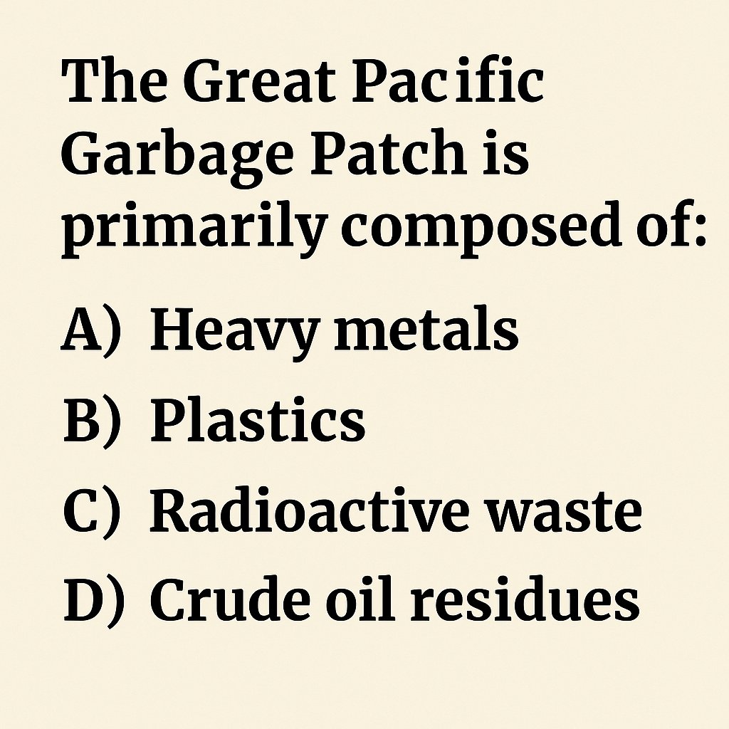 Competitive Exams (@cematerial) on Twitter photo Environment Quiz Time๐๐๐:   
The Great Pacific Garbage Patch is primarily composed of:
 #UPSCPrelims2026 #UPSC #SSC #RRB #environment Environment Quiz Time๐๐๐:   
The Great Pacific Garbage Patch is primarily composed of:
 #UPSCPrelims2026 #UPSC #SSC #RRB #environment