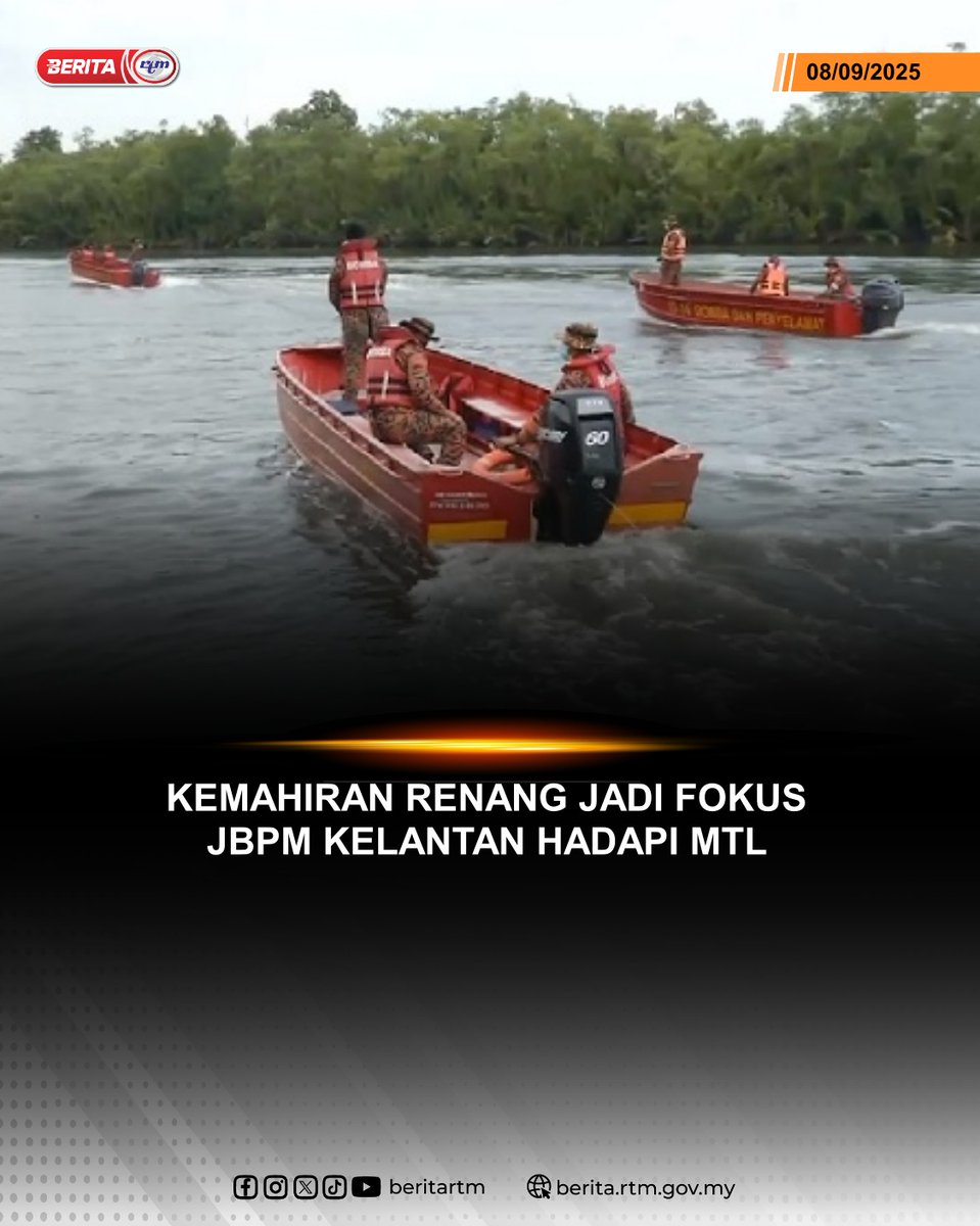Jabatan Bomba dan Penyelamat Malaysia (JBPM) Kelantan menyasarkan semua anggotanya memiliki kemahiran berenang tahun ini sebagai persediaan penting terutama ketika operasi menyelamat banjir

berita.rtm.gov.my/nasional/senar…

'Yang sahih di RTM'
#RTM #BeritaRTM #MalaysiaMadani #TaatSetia