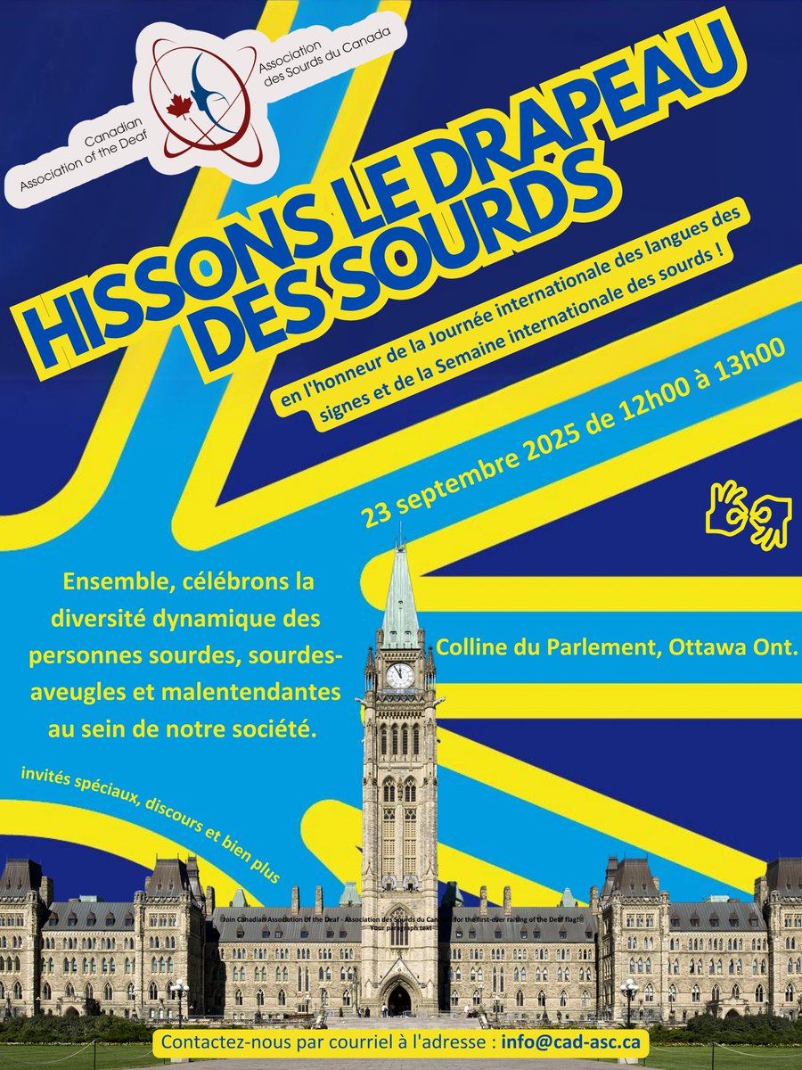 LeHandicap_SP's tweet image. 📣 Le drapeau des personnes sourdes sera hissé sur la Colline du Parlement à Ottawa pour la deuxième fois de l’histoire! 🙌
📅 Quand : 23 septembre — Journée internationale des langues des signes
⏰ Heure : 12 h à 13 h
📍 Où : Colline du Parlement, Ottawa (Ontario) 🎉