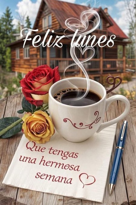 A wooden cabin with a red roof in a forest setting under a blue sky with clouds. A white mug of coffee with steam rising, forming a heart shape, sits on a wooden table. Red and yellow roses are placed beside the mug, along with a white napkin and a blue pen. Text on the napkin reads "Feliz lunes" and "Que tengas una hermosa semana".