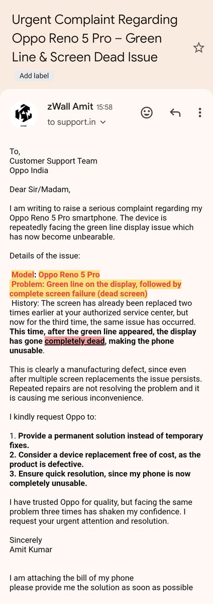 zwallamit's tweet photo. @OPPOCareIN @oppo
I’m facing a serious issue with my #OppoReno5Pro – the screen has developed a green line 3 times. Already replaced twice, and now the screen is completely dead.
Emailed support but no response. Please provide a permanent solution. https://t.co/UuGC4penah