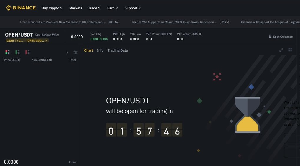 Binance OPEN/USDT 거래 카운트다운 스크린샷