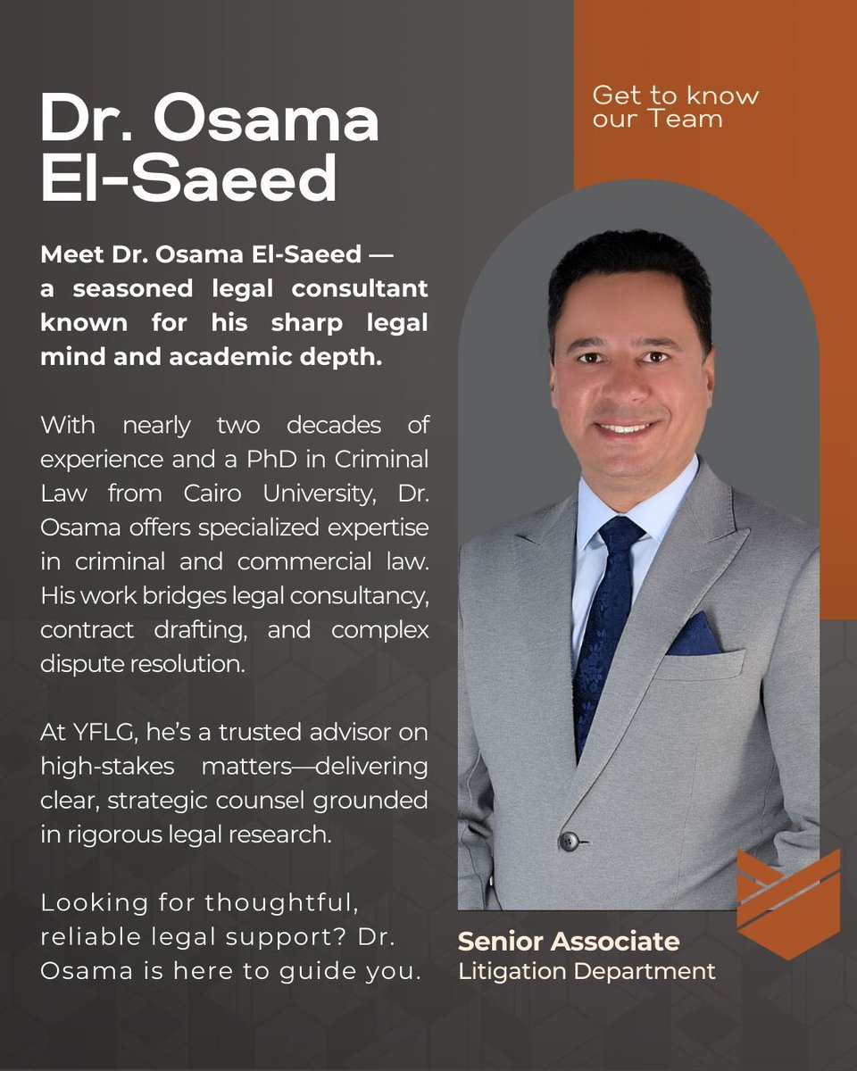 د. أسامة السعيد، مستشار قانوني أول في قسم التقاضي.
يجمع بين الخبرة العملية والدراسة الأكاديمية لخدمة عملائنا.

#مجموعة_الياقوت_والفوزان #YFLG #فريقنا_القانوني #LegalTeam #خبرة_قانونية #LegalExpertise #المستشار_القانوني #TrustedAdvisor #القانون_في_الكويت #LawInKuwait