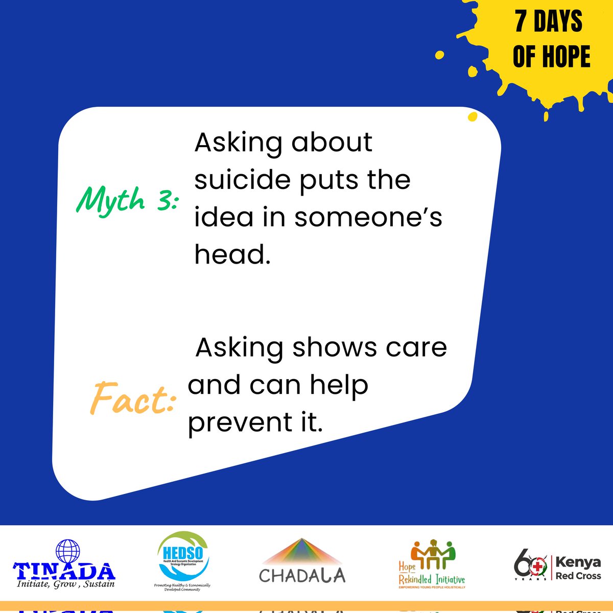 TinadaOrg's tweet photo. There are so many myths about suicide. But what are the facts? Find out here 👇
#suicidepreventionmonth #7daysofhope https://t.co/1OaV9pInF2