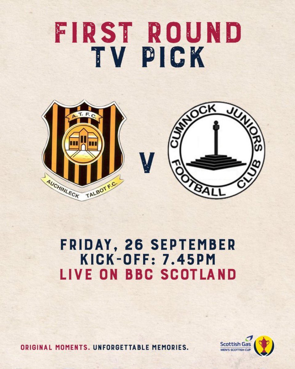 🏆The <a href="/ScottishCup/">Scottish Gas Scottish Cup</a> Round One fixture against <a href="/CumnockJnrsFC/">Cumnock Juniors FC ⭐️⭐️⭐️</a> has been chosen for live television on BBC Scotland

This means the game will now be played on Friday 26th September 

#eppp