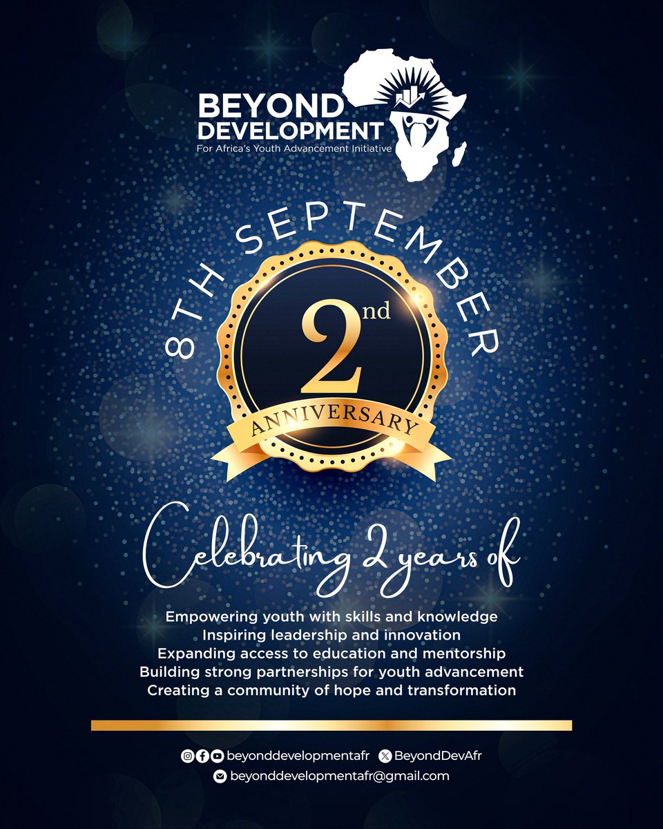Today, we celebrate 2 years of impact,
growth, and transformation
Here’s to building stronger partnerships, inspiring innovation, and shaping a brighter future for Africa’s youth. 
Happy 2nd Anniversary to us!
#BeyondDevelopment #2ndAnniversary
#Innovation #HopeAndTransformation