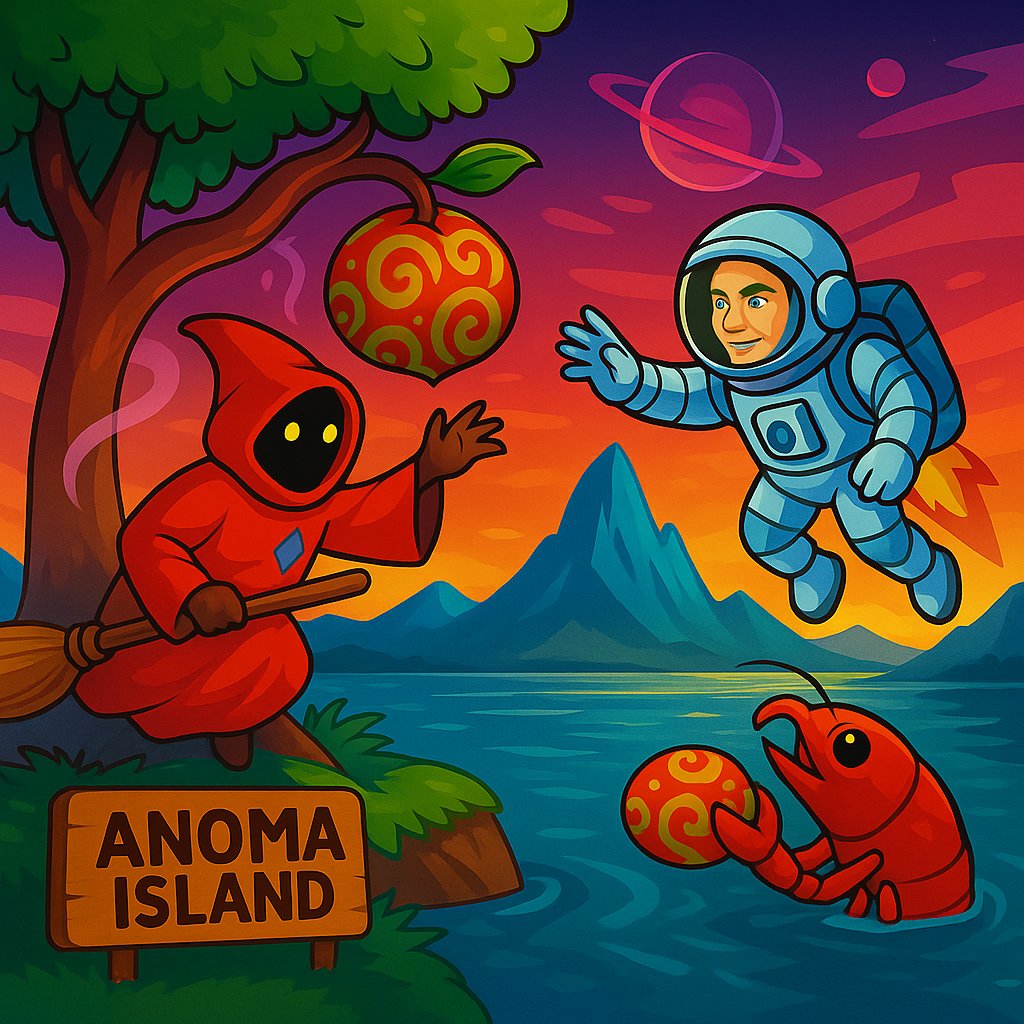 🌌 The Strange Journey on Anoma Island 🌌

One day, on the legendary land called Anoma Island, three characters who seemed destined never to meet suddenly crossed paths:

👩‍🚀 The Space Explorer @ – carrying the endless desire to discover new worlds, traveling across countless