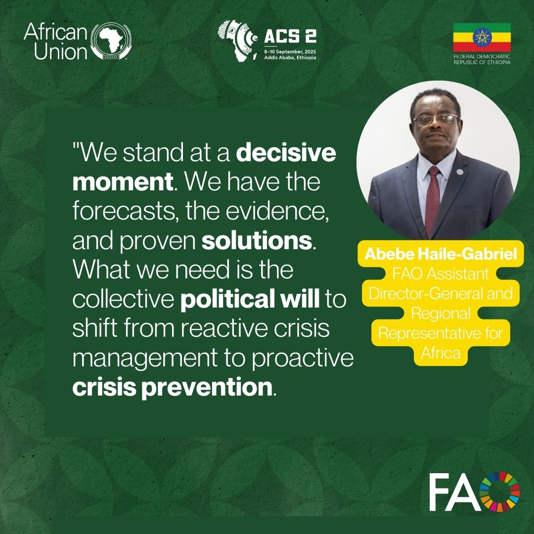 FAOAfrica's tweet photo. “We stand at a decisive moment. What we need is the collective political will to move from crisis response to crisis prevention.”

Abebe Haile-Gabriel, FAO ADG &amp; Regional Rep for Africa, on enhancing preparedness &amp; anticipatory action in response to the climate crisis.

#ACS2 https://t.co/Q8ZAZSouQl