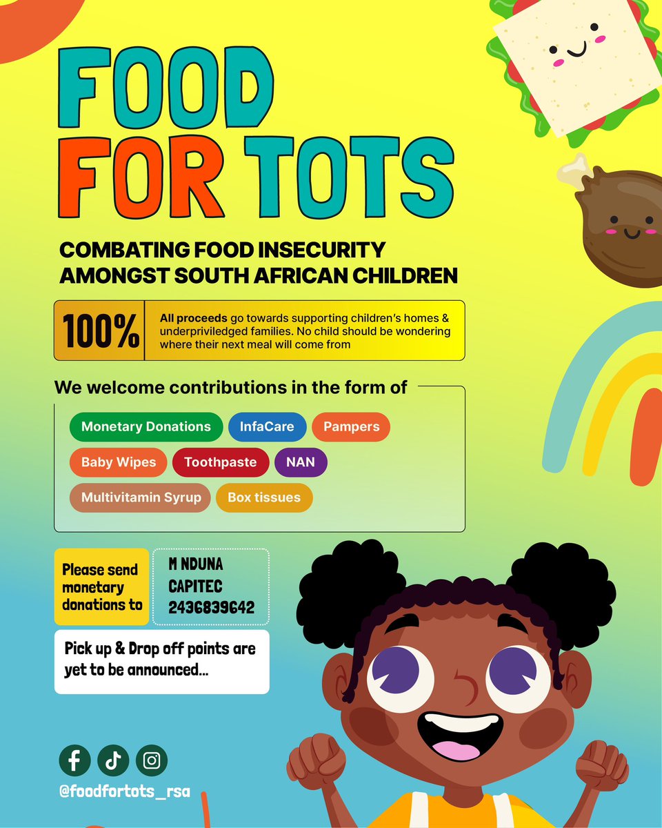 Food For Tots RSA is a social, community driven initiative aiming to raise funds and gather supplies  (formula, diapers, clothes etc) for children’s homes, baby sanctuaries as well as underprivileged families around JHB. Help us support those in need. God bless🤍✊🏽