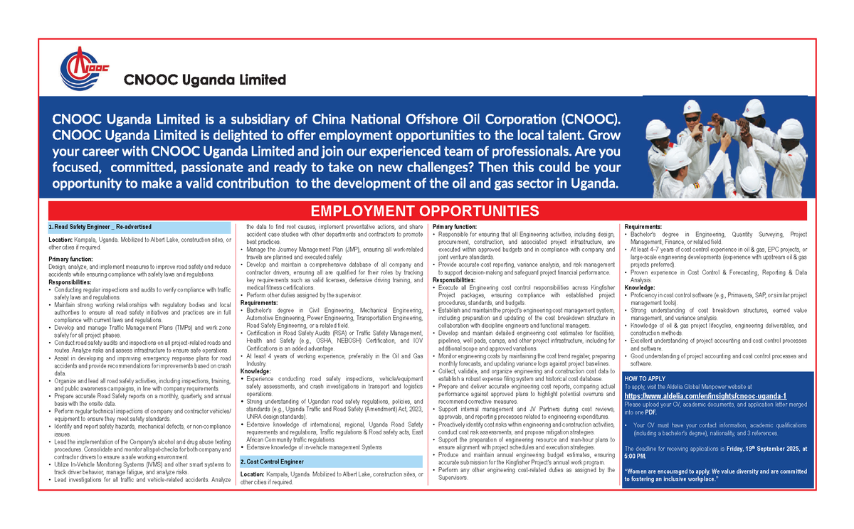 CNOOCUgandaLtd's tweet photo. EMPLOYMENT OPPORTUNITIES
1. Road Safety Engineer
2. Cost Control Engineer

Apply through: https://t.co/iO7HobkRr9

Deadline: 19th September 2025, at 5:00 PM. https://t.co/fmwkWv4z54