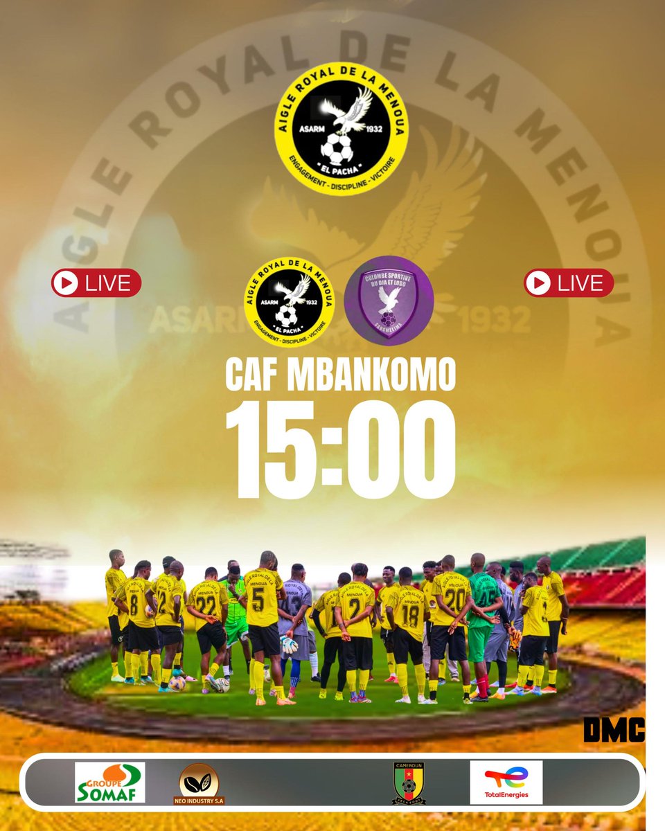 asarm_club's tweet photo. 🚨 Another friendly match : 

📅  08/09/2025
🆚️ @ColombeDja 
⏰ 15H00
🏟️ CAF Mbankomo 
📱 Live Facebook from Aigle Royal de la Menoua 

#AllezAigle #Elpacha 🦅💛🖤 https://t.co/PRVMt3Q1D9
