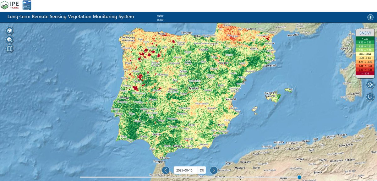PTI_Clima's tweet image. 🔥 Así refleja el visor de vegetación desarrollado por el LCSC (IPE @CSIC) el impacto que han tenido los #incendios de este verano en la península ibérica.
🌱 La imagen muestra las anomalías de vegetación (sNDVI) del mes de agosto de 2025, derivadas de imágenes satélite.
(1/6) ⬇️