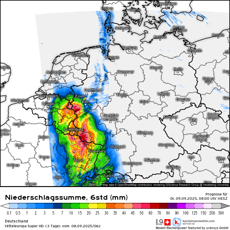 Kachelmannwettr's tweet photo. Achtung! In der kommenden Nacht zeichnen sich vom südlichen NRW bis etwa ins Saarland durch konvektive Schübe (Gewitter) lokale Sturzflutpeaks mit mehr als 50 mm Regen in wenigen Stunden ab. Es kann zu Überschwemmungen und Unwettern kommen.
https://t.co/QyHp5uSgda /LD https://t.co/2Re1dULk55