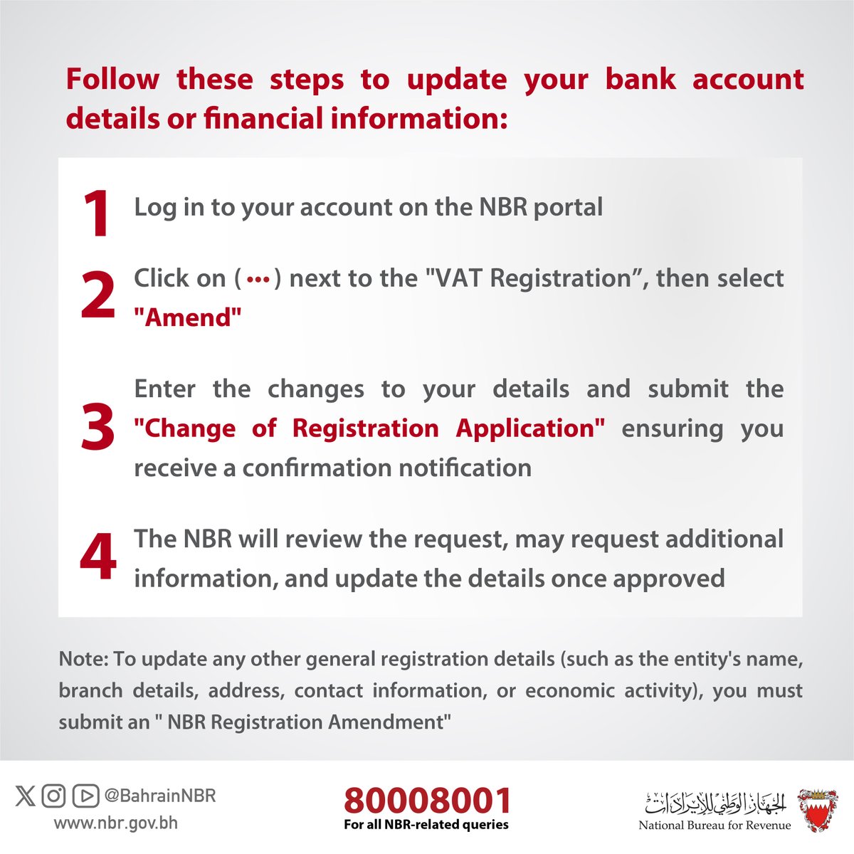 BahrainNBR's tweet image. #Frequently_Asked_Questions
Updating the bank account details or financial information within the #VAT registration application

#NBR #Bahrain #BahrainNBR