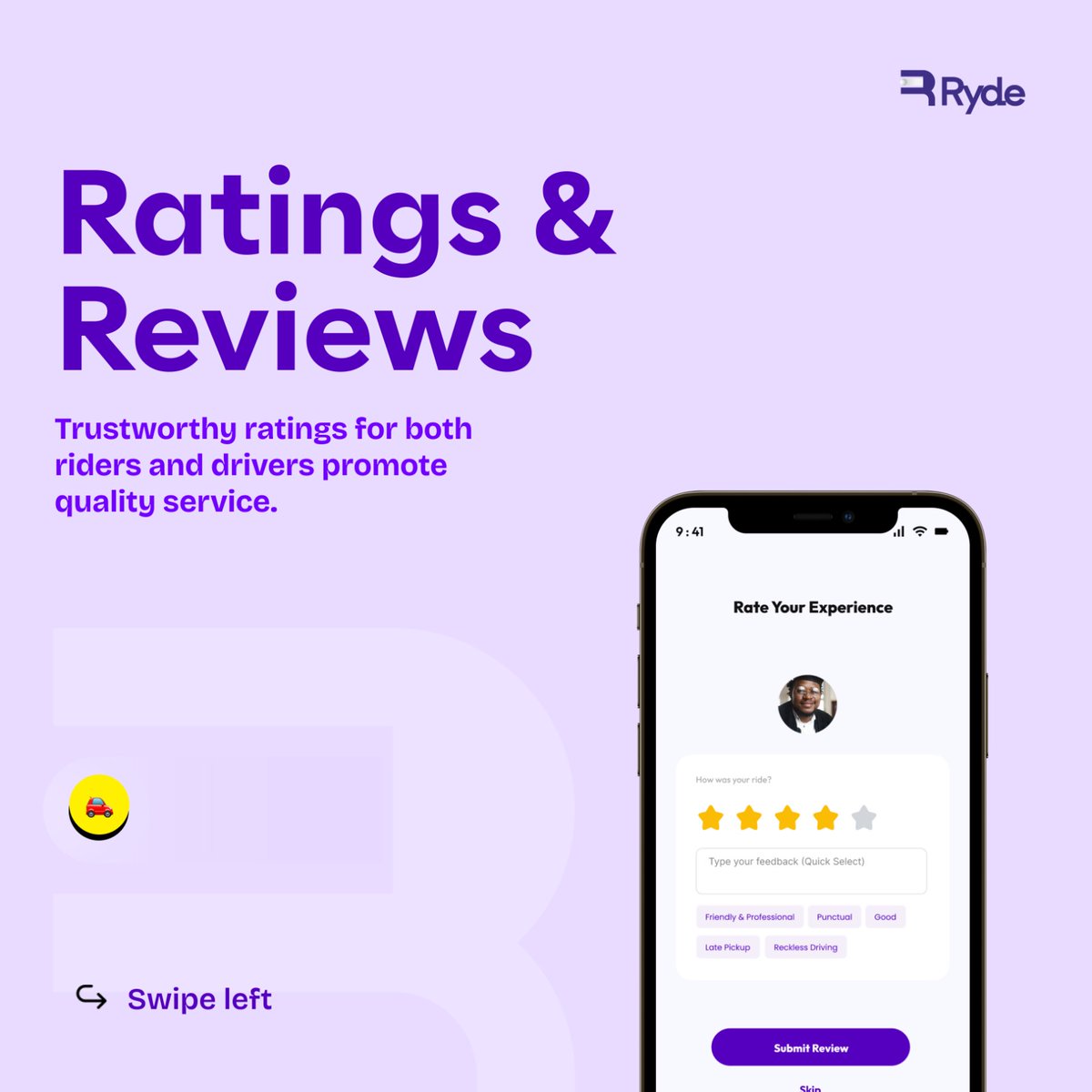 ⭐ Next up in our app features series: Ratings &amp; Reviews!
Your voice matters. Every ride you take helps shape a better Ryde experience.

With trustworthy ratings for both riders and drivers, we’re building a community where quality service is the standard. 💜

#DriveWithRydechain