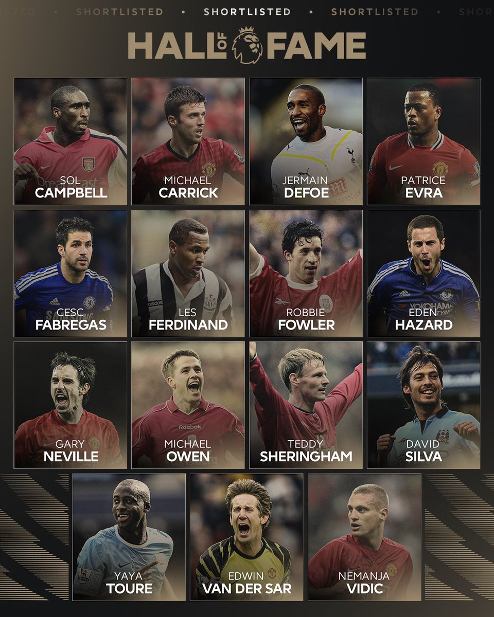 UnitedStandMUFC's tweet photo. 🏆 Two more players will be voted into the Premier League Hall of Fame in 2025.

Michael Carrick, Patrice Evra, Gary Neville, Teddy Sheringham, Edwin van der Sar and Nemanja Vidic have all been shortlisted. https://t.co/HnNbweRPlY