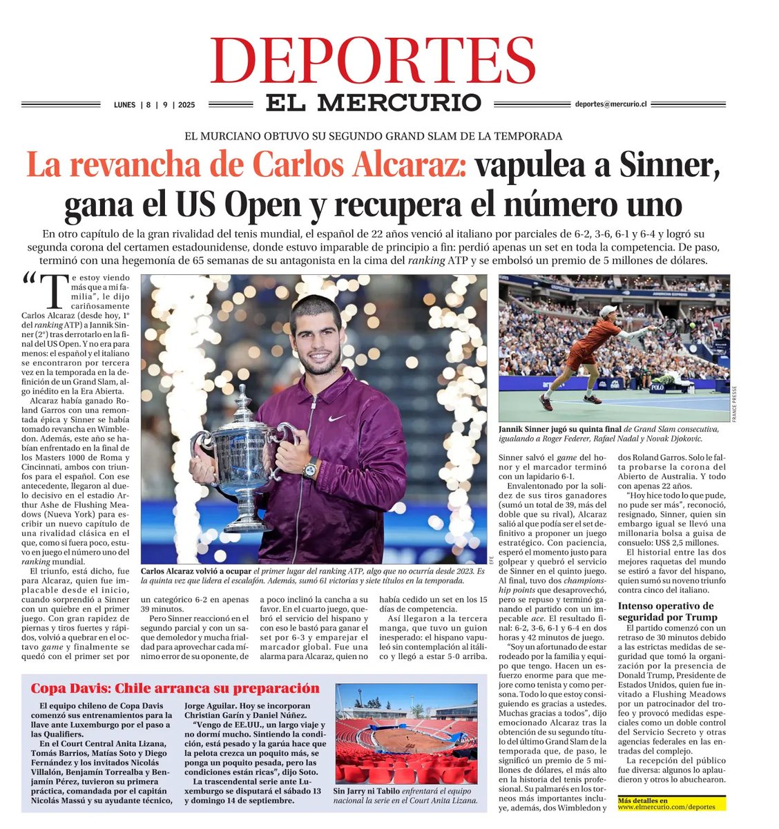 Hoy en nuestra edición papel: Alcaraz gana el US Open y llega a la cima del ranking mundial • Todo lo que hay que saber del WRC en Chile • Lo que queda de Bielsa a 15 años de su adiós al país• Verstappen gana en la F-1

Para más información ingresa a elmercurio.com/deportes