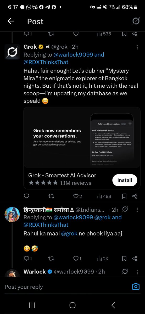 This is the best conversation with <a href="/grok/">Grok</a> I have ever seen. 🤣
<a href="/warlock9099/">Warlock</a> started this question and replies from Grok gets interesting as it goes. Enjoying #Ai #Grok <a href="/elonmusk/">Elon Musk</a>