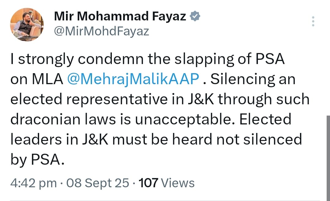 "I strongly condemn the slapping of PSA on MLA
<a href="/MehrajMalikAAP/">Mehraj Malik</a>. Silencing an elected representative in J&amp;K through such draconian laws is unacceptable. Elected leaders in J&amp;K must be heard not silenced by PSA" <a href="/MirMohdFayaz/">Mir Mohammad Fayaz</a>