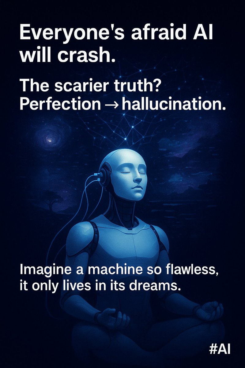 2knowask's tweet photo. Everyone’s afraid AI will crash.
The scarier truth?
Perfection → hallucination.
Imagine a machine so flawless that it only lives in its own dreams.
#AI #ArtificialIntelligence #GPT #ChatGPT https://t.co/2UjlZn0Uda