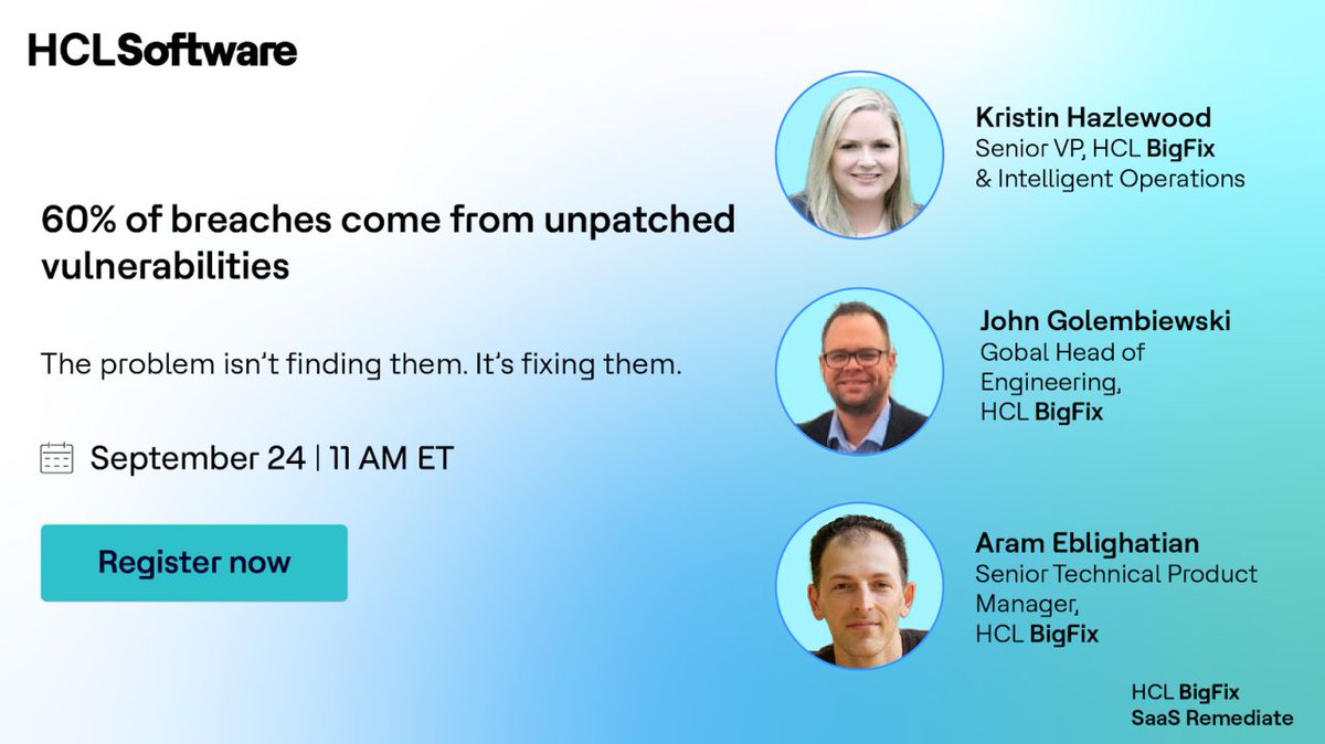 HCLSoftware's tweet image. Are patch delays putting your organization at risk, even when you know exactly where you’re vulnerable?

Get a first look at our new solution closing the gap in real time: HCL BigFix SaaS Remediate.

Register Now: hclsw.co/8w05gu

#HCLSoftware #HCLBigFix