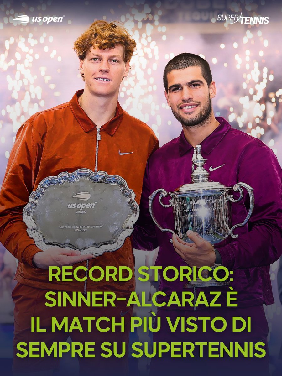 🤩 La finale dello #USOpen fra Sinner e Alcaraz è il match più visto di sempre nella storia del canale con 2.436.848 di spettatori come ascolto medio, ovvero la media delle persone che hanno assistito a ogni minuto del programma, e 5.592.104 contatti, cioè il totale degli
