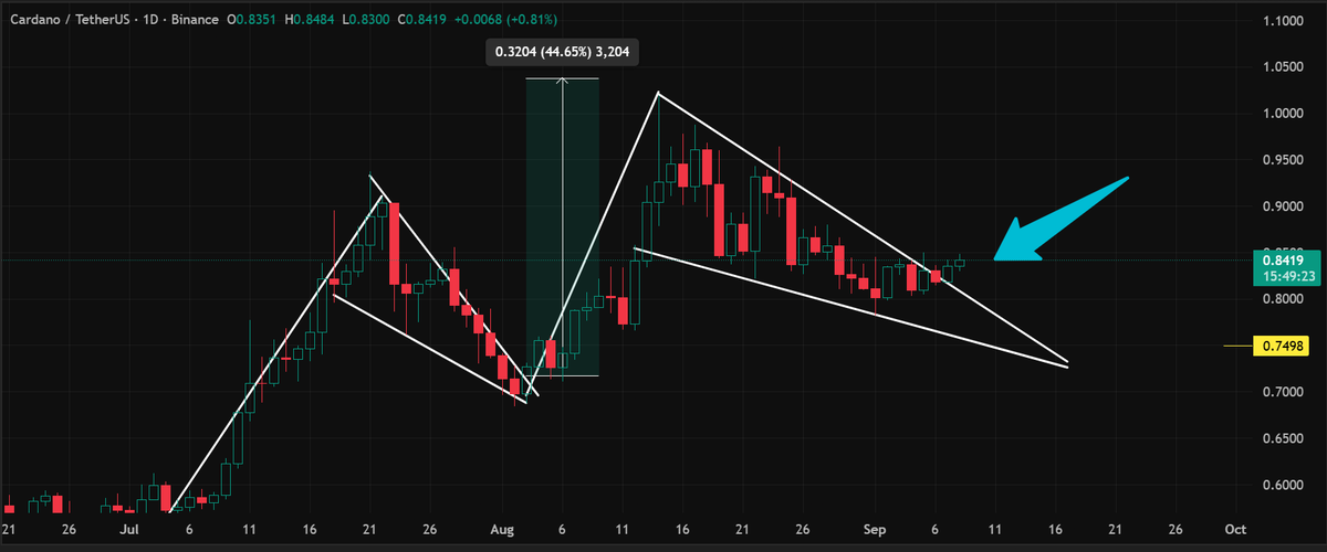 LarkDavis's tweet photo. $ADA just broke out of a bull pennant.

The last time we saw this setup, it rallied 44% in just a few weeks.

Are we about to see history rhyme again… or will Cardano fake us out this time? https://t.co/eKcCeFf9Pl