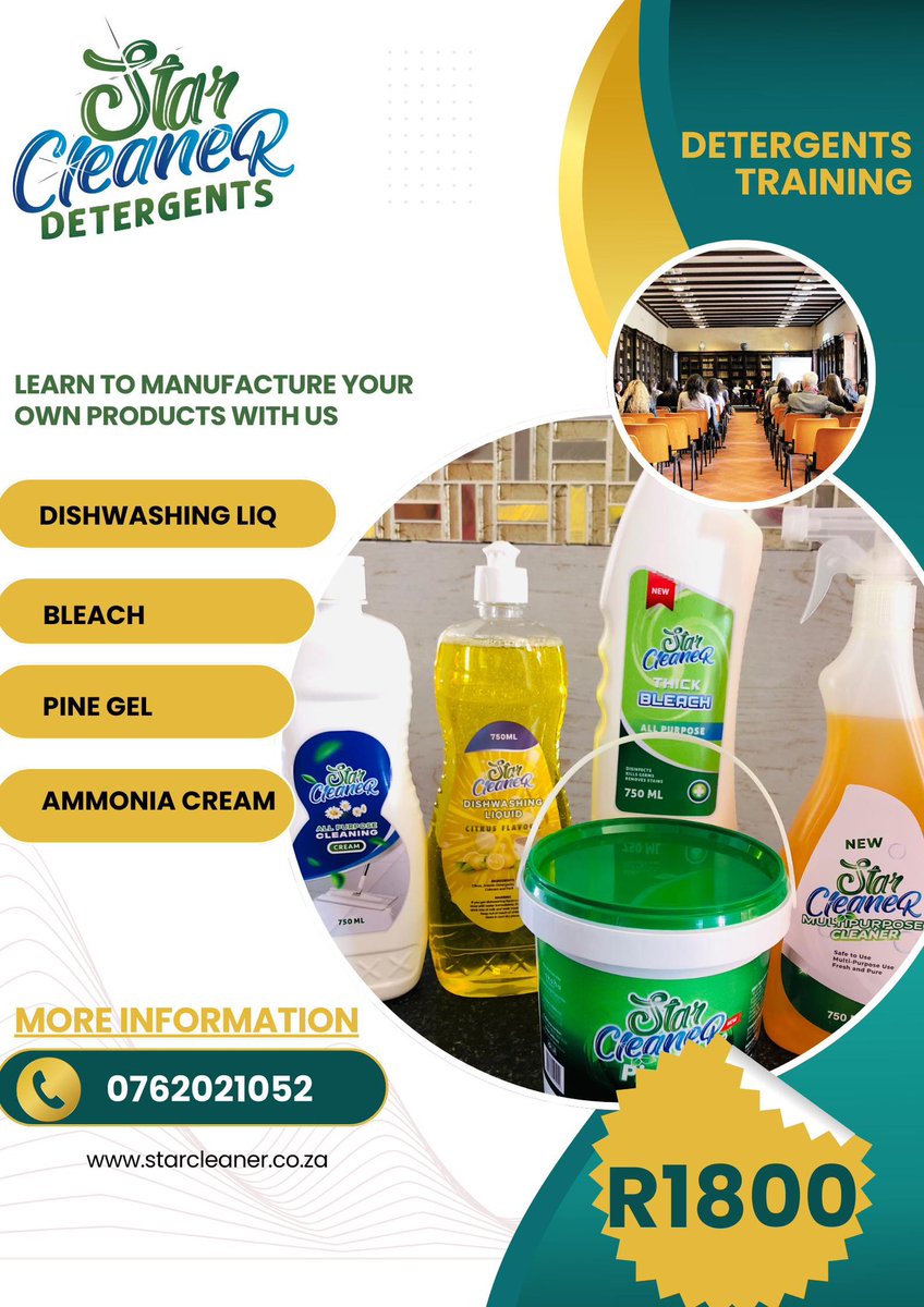 StarCleanerSA's tweet image. Turn Knowledge Into Profit!✨

Ready to start your own detergent brand or cut costs by making your own cleaning products? 🧴💡
Join our Hands-On Detergents Training and learn the secrets to making high-quality, professional cleaning products.

Don’t just use detergents, Make them