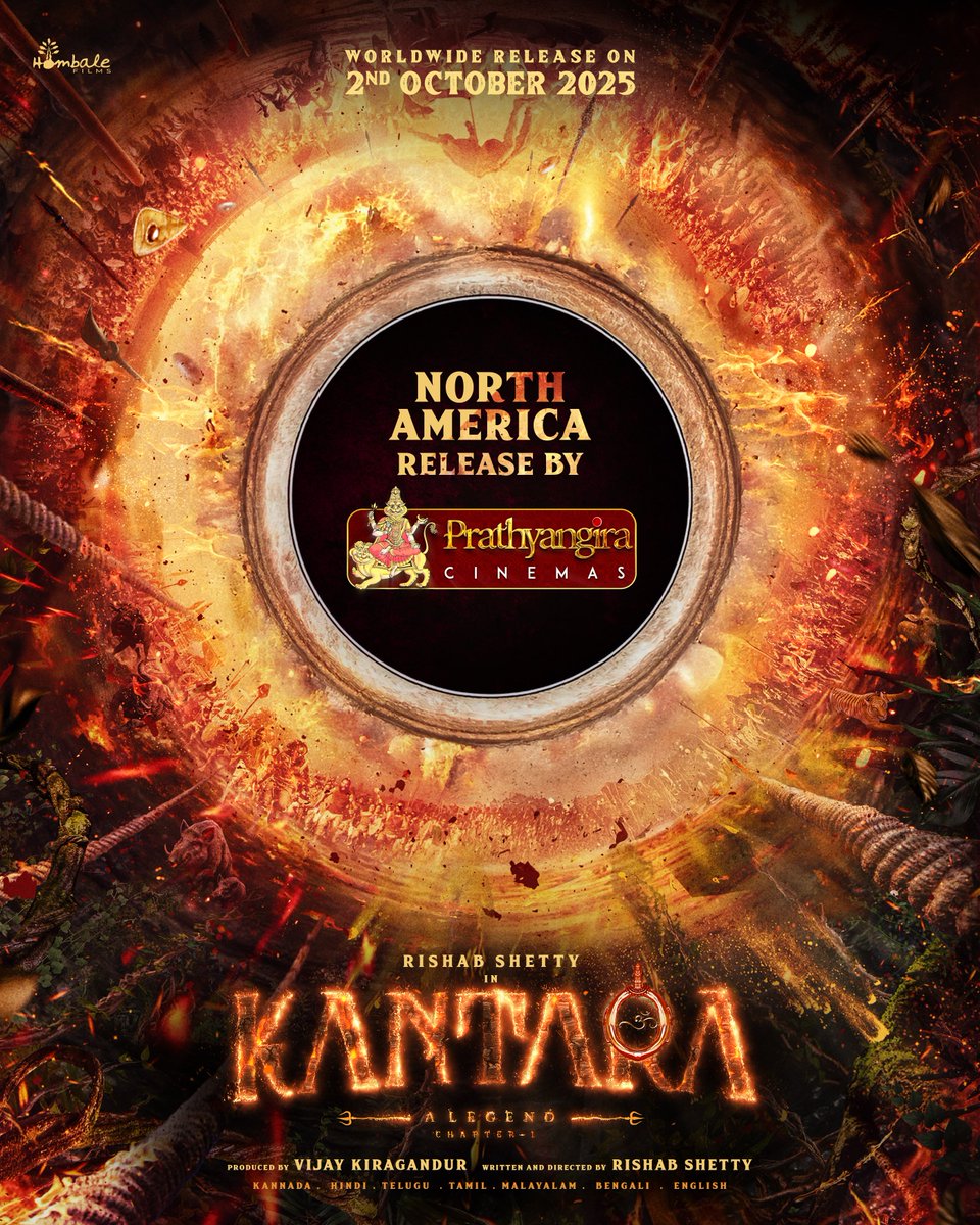 Get ready to witness the divine origin of a LEGEND ✨

#KantaraChapter1 hits theatres across 𝐍𝐨𝐫𝐭𝐡 𝐀𝐦𝐞𝐫𝐢𝐜𝐚 this 𝐎𝐂𝐓𝐎𝐁𝐄𝐑 𝟐𝐧𝐝, released by <a href="/PrathyangiraUS/">Prathyangira Cinemas</a> 🌎

#Kantara <a href="/hombalefilms/">Hombale Films</a> <a href="/KantaraFilm/">Kantara - A Legend</a> <a href="/shetty_rishab/">Rishab Shetty</a> <a href="/VKiragandur/">Vijay Kiragandur</a> <a href="/ChaluveG/">Chaluve Gowda</a> <a href="/rukminitweets/">rukmini</a>