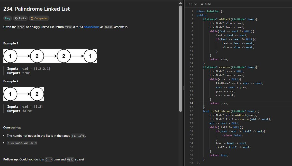 manviCodes's tweet image. ✅Day - 3 of #100DaysOfCode 
Linked List revision
🔹#LeetCode Q234 Palindrome Linked List
#buildinpublic #programming #connect #letsconnect