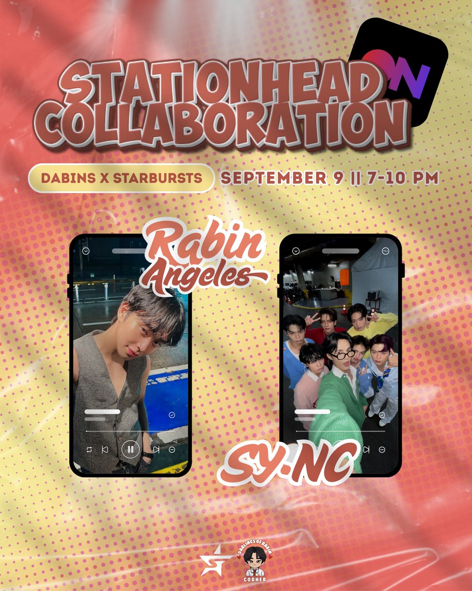 Dabin Corner (@_dabincorner) on Twitter photo It's collab o'clock! 🎤
Dabins x Starbursts
🗓️ September 9 | 7 PM
🎧 stationhead.com/starbursthq
Rabin x SY•NC — catch the energy live on Stationhead! ⚡🎶
#DaCollabs w/ <a href="/starburstsvt/">Starburst SVT</a>
#RabinAngeles | #SYNCph It's collab o'clock! 🎤
Dabins x Starbursts
🗓️ September 9 | 7 PM
🎧 stationhead.com/starbursthq
Rabin x SY•NC — catch the energy live on Stationhead! ⚡🎶
#DaCollabs w/ <a href="/starburstsvt/">Starburst SVT</a>
#RabinAngeles | #SYNCph