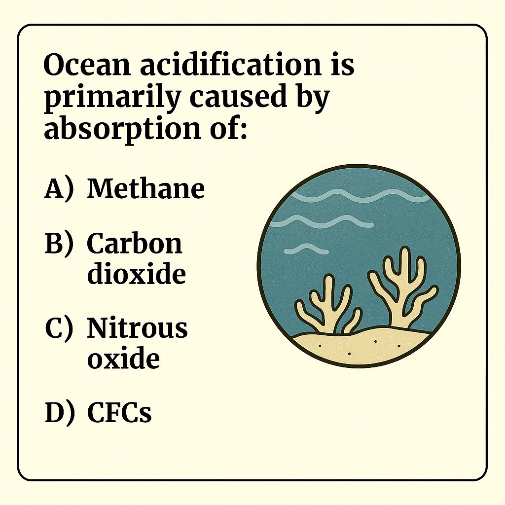 Competitive Exams (@cematerial) on Twitter photo Environment Quiz Time๐๐๐:   
Ocean acidification is primarily caused by absorption of:
 #UPSCPrelims2026 #UPSC #SSC #RRB #environment Environment Quiz Time๐๐๐:   
Ocean acidification is primarily caused by absorption of:
 #UPSCPrelims2026 #UPSC #SSC #RRB #environment