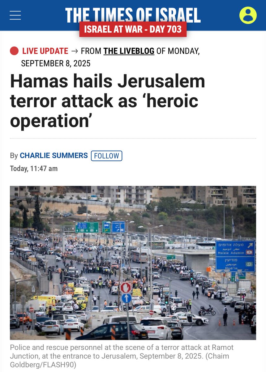 Hamas praises the bus attack in Jerusalem and calls upon the Palestinians in the West Bank to do more of that.

👉 Maybe a reminder to the European leaders who want to recognize a Palestinian state that they are only endorsing and emboldening terrorism! 

My deepest condolences.