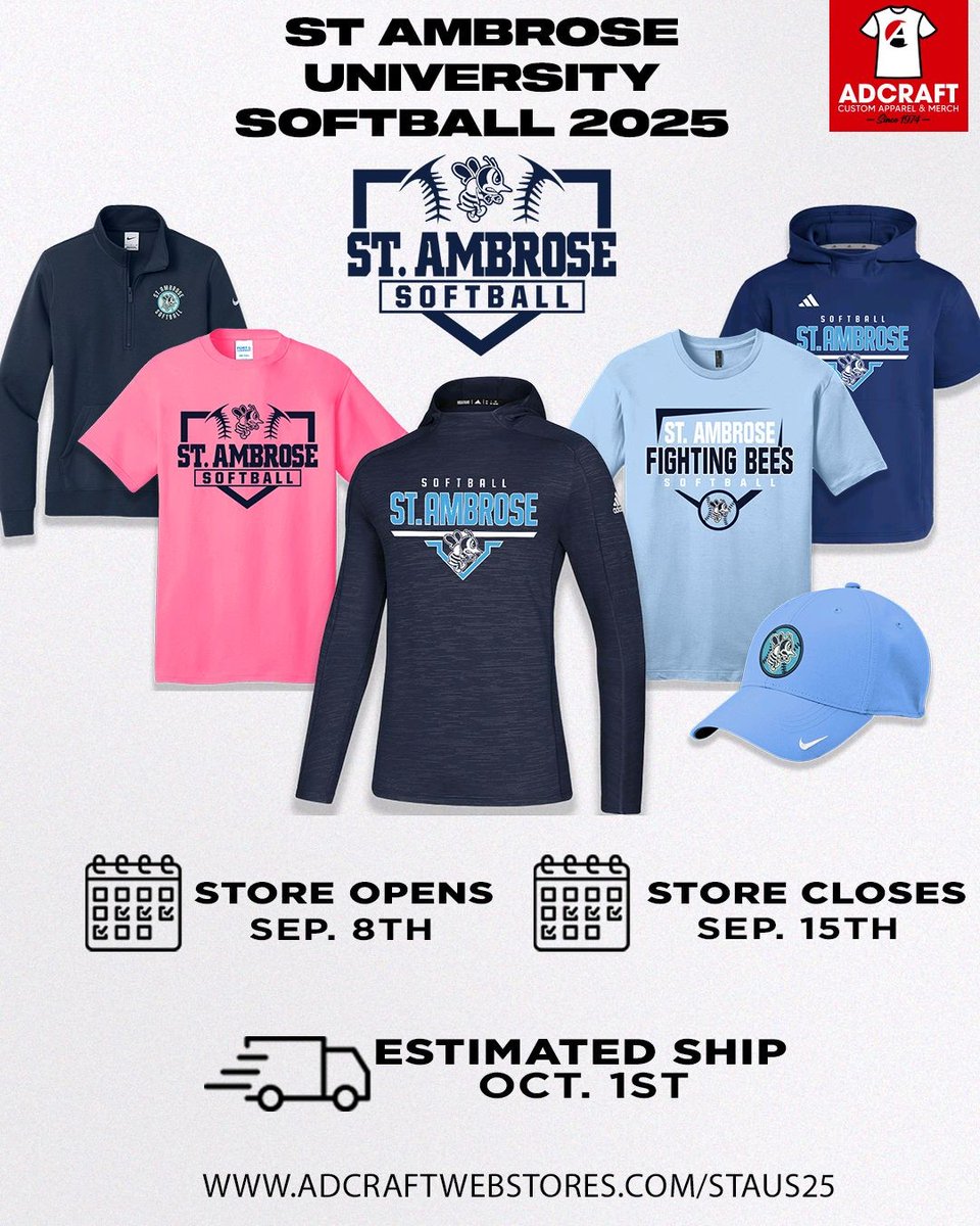 Stock up on your St. Ambrose Softball gear! Our new webstore opens today! But hurry... the store closes on September 15. adcraftwebstores.com/staus25