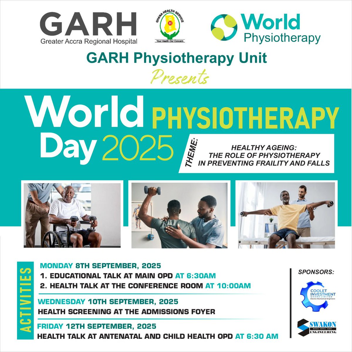 Join us as we celebrate World Physiotherapy Day 2025 under the theme:  
Healthy Ageing – The Role of Physiotherapy in Preventing Frailty and Falls.  See flyer for details